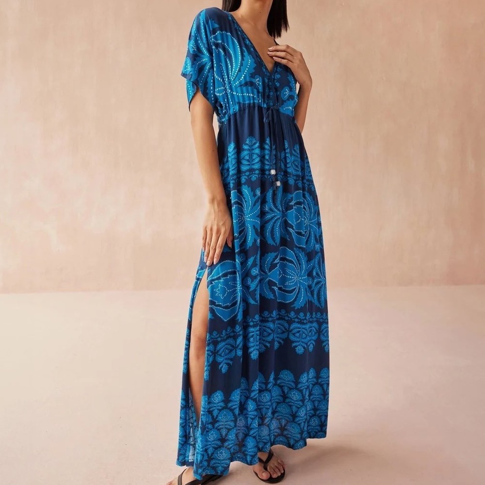 Omika Pia Caftan Maxi Dress OS Short Sleeve Blue Multi Handmade Modal V-Neck